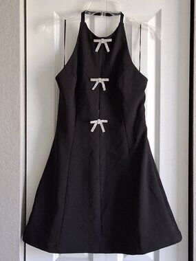 Mable Jewel Bow Slit Halter Black Special Occasion Mini Dress Women's Size M
